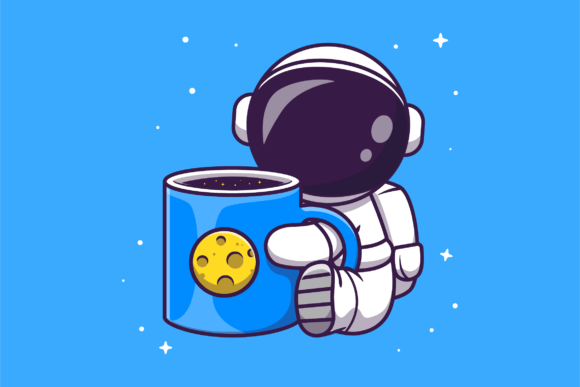 Cute Astronaut Holding Cup Coffee Space