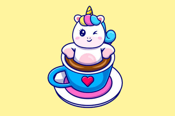 Cute Unicorn Relaxing in Coffee Cup