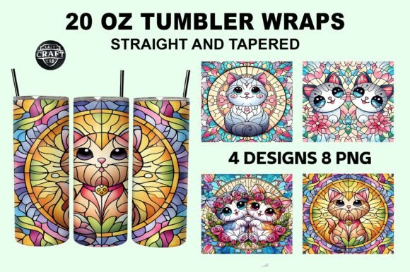 Stained Glass Cute Cat Tumbler Wrap PNG